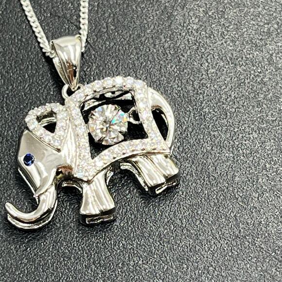 Vintage Sterling Silver Elephant Dancing Diamond Blue CZ Eye Pendant Necklace - Picture 6 of 8